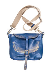 closed handmade blue handbag with textile strap
