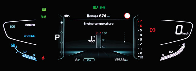 Illustration of modern LCD instrument cluster with digital engine temperature gauge in center. Car dashboard panel with speedometer, tachometer, fuel gauge, gear position indicator in hybrid vehicle.