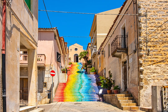 Arzachena, Sardinia, Italy - Stairs of Saint Lucia leading to the Church of Saint Lucia - Chiesa di Santa Lucia - at Corso Garibaldi street in Arzachena, Sassari region of Sardinia