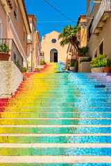 Fototapeta premium Arzachena, Sardinia; Italy - Famous stairs of Saint Lucia leading to the Church of Saint Lucia - Chiesa di Santa Lucia - in Arzachena, Sassari region of Sardinia