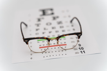 Eye Exam, The testing Board for verification of the patien. Vision test board optometrist with glasses