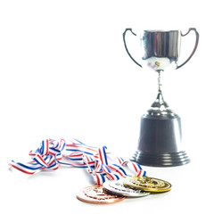 Medals - gold, silver and bronze isolated on white. Shallow depth of field.