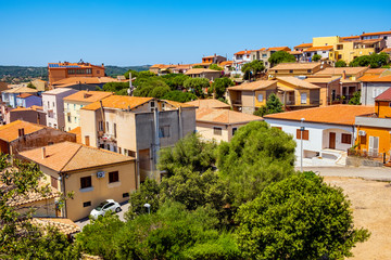 Obraz premium Arzachena, Italy - Panoramic view of the town of Arzachena, Sassari region of Sardinia, seen from the monumental Mushroom Rock - Roccia il Fungo - of neolith Nuragic period