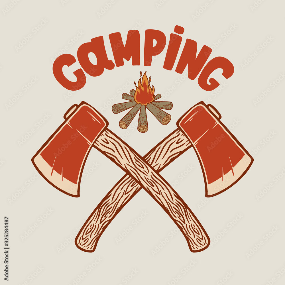 Sticker camping. illustration of two crossed hatchets and tourist campfire. design element for poster, card,