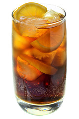 Cola drink with ice cubes and sliced lemon in glass isolated