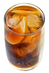 Cola drink with ice cubes and sliced lemon in glass isolated