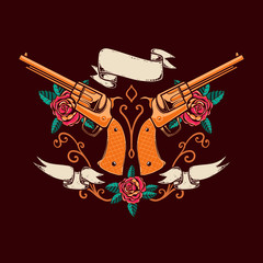 Vintage emblem template with revolvers, roses and ribbons. Design element for logo, label, sign, poster, t shirt. Vector illustration
