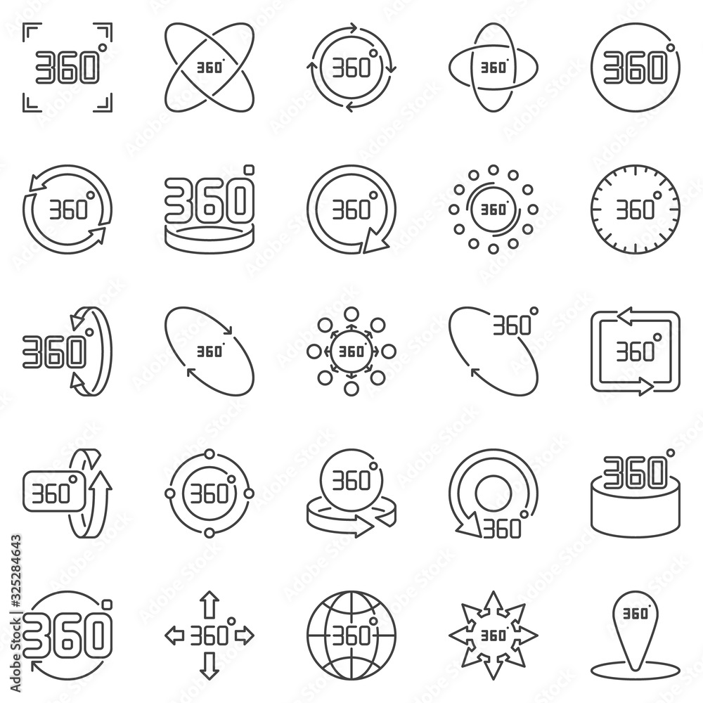 Poster 360 degrees outline icons set. vector 360 degree rotation concept symbols in thin line style