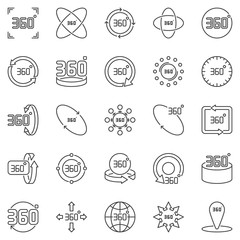 360 Degrees outline icons set. Vector 360 degree rotation concept symbols in thin line style
