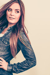 Nice lady is looking aside.