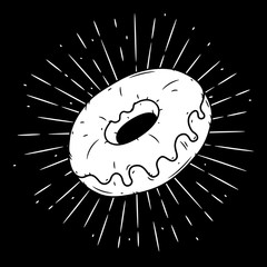 Donut. Hand drawn vector illustration with Donut and divergent rays. Used for poster, banner, web, t-shirt print, bag print, badges, flyer, logo design and more.