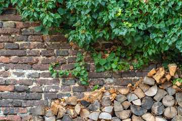 Background with woodpile with chopped wood for kindling the furnace on a background of a wall with...