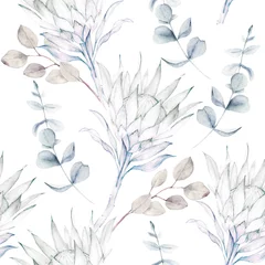 Gordijnen Aquarel naadloze patroon. Vintage print met protea en eucalyptus takken. Handgetekende illustratie © natikka