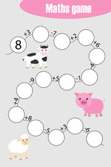 Maths chain game with farm animals for children, education game for kids, preschool worksheet activity, task for the development of logical thinking, vector illustration