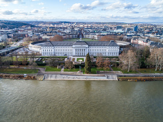 Koblenz City in Rhineland Palantino - Germany - aerial shot of historic German palace Building wit hhuge park