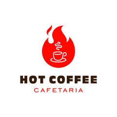 hot coffee shop logo with mug cup and fire flame icon design for cafe or cafeteria in trendy minimal line simple style