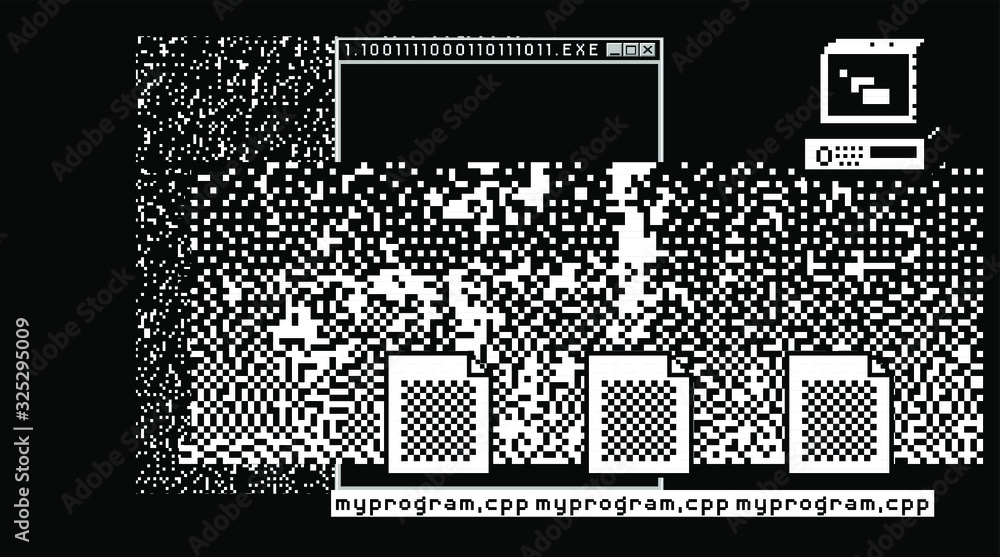 Poster Glitched screen with malware computer program. Pixel art style illustration like in old 1-bit black and white images.