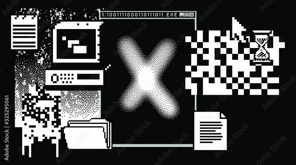 Aufkleber Glitched screen with malware computer program. Pixel art style illustration like in old 1-bit black and white images.