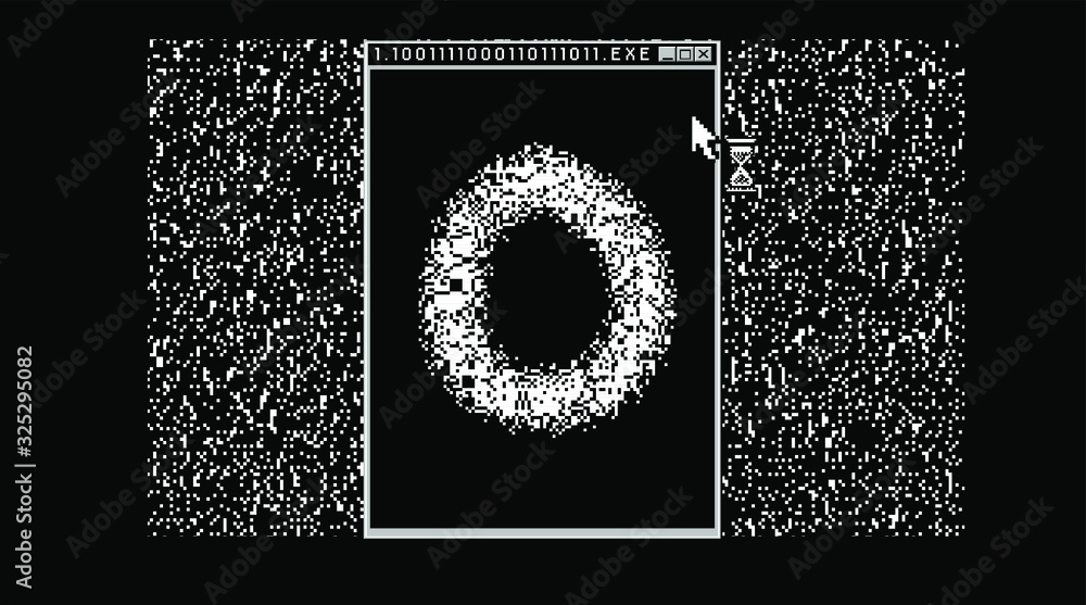 Aufkleber Glitched screen with malware computer program. Pixel art style illustration like in old 1-bit black and white images.