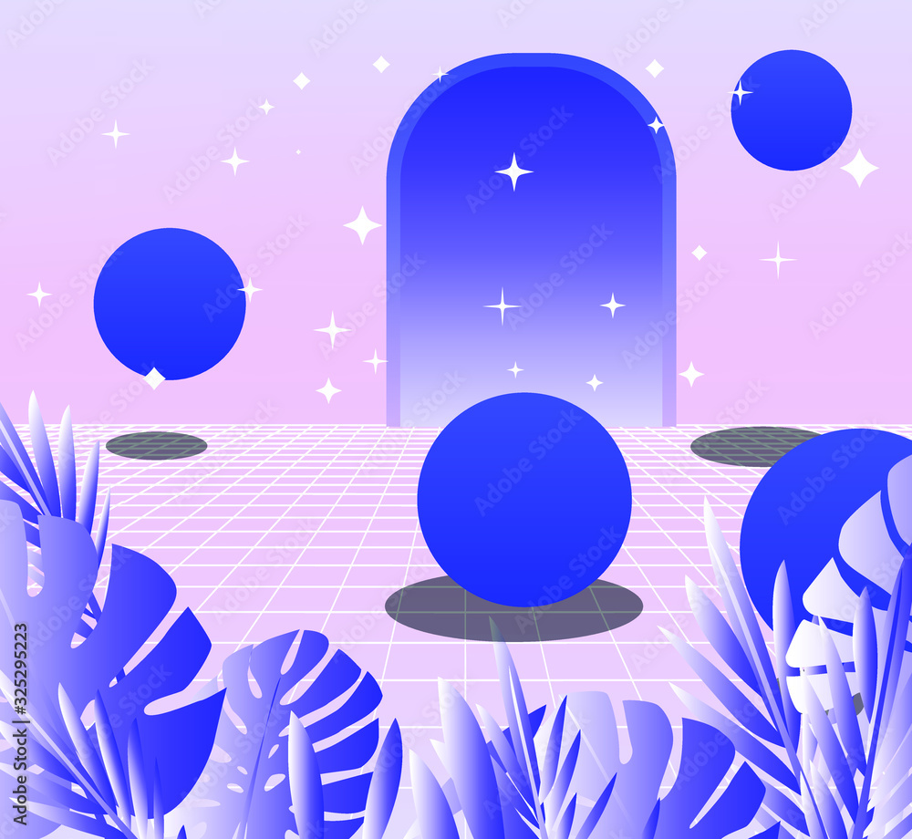Aufkleber retrowave style illustration with arch on laser grid, palm leaves and floating in zero gravity spher