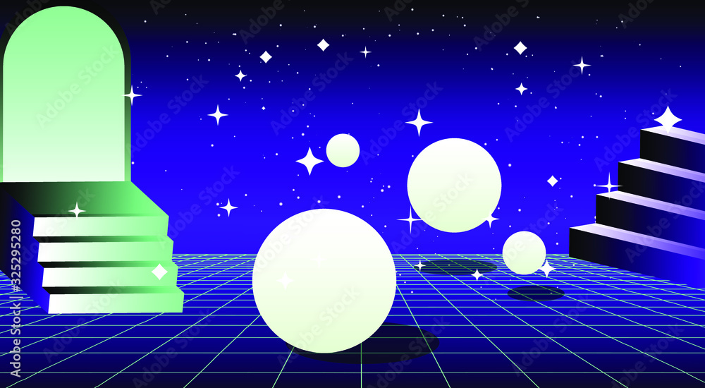 Poster retrowave and vaporwave style illustration with staircase and arch on endless laser grid.