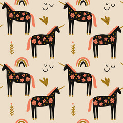 Boho unicorn concept. Folk art horse slovak seamless pattern, wrapping paper ornament, swedish style drawing, pastel coloured nordic floral composition, scandinavian flower. Vector