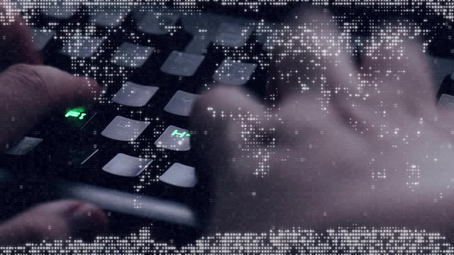 Close up of hand typing on mechanical keyboard with world map overlay. Borderless communication using internet.