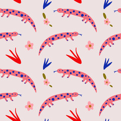 Cute salamander vector pattern, seamless design. Trendy hand drawn illustration, scandinavian style. Good for textile design, wallpapers, background, wrapping paper