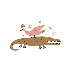 Vector cute crocodile and bird friendship concept. Wild safari African animals. Funny cartoon doodle characters in scandinavian style. Kids nursery art