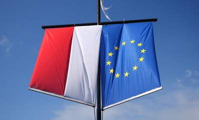 flag of european union and poland hang together against blue sky