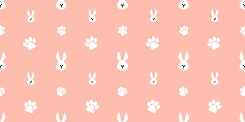 Vector seamless pattern on a colored background. Pattern with paw prints and cute white bunnies