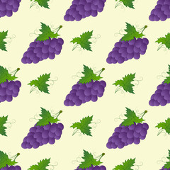 Seamless pattern with branches, leaves, clusters of berries of blue purple wine grapes. Design of packaging, labels, wrapping paper, wallpaper, fabric, textile. Berry pattern beige light background