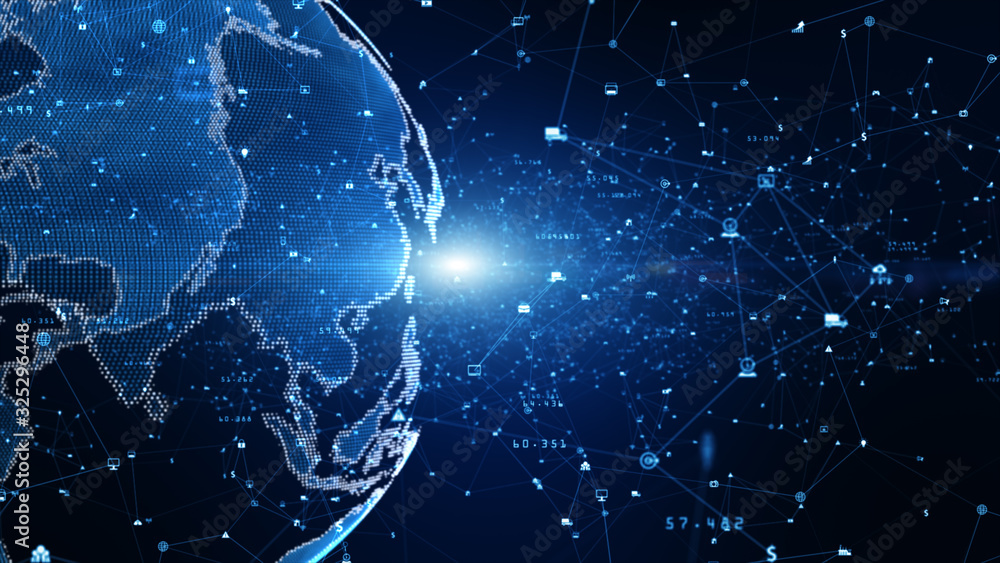 Poster technology network data connection, digital network and cyber security concept. earth element furnis