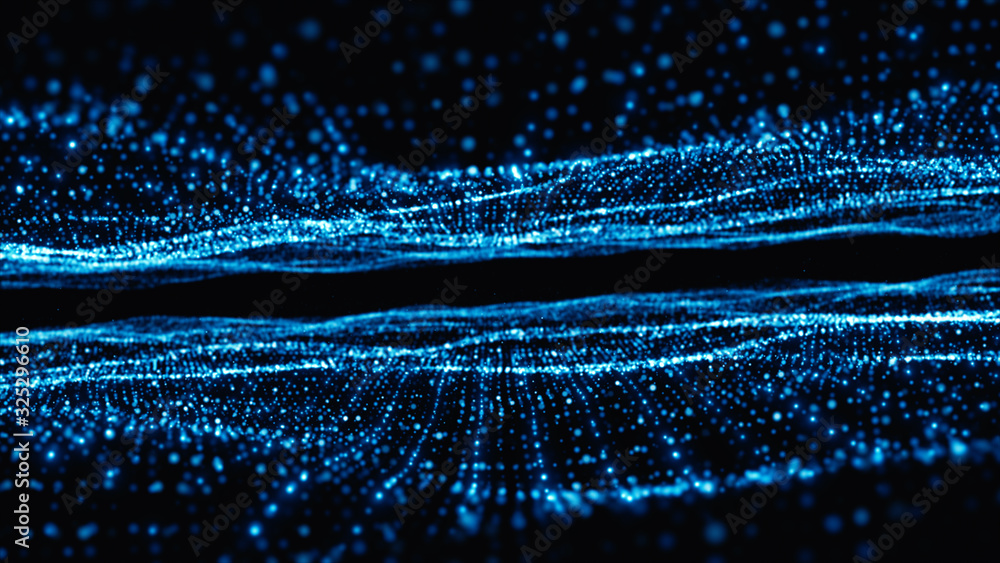 Poster digital particles wave flow blue color technology abstract background