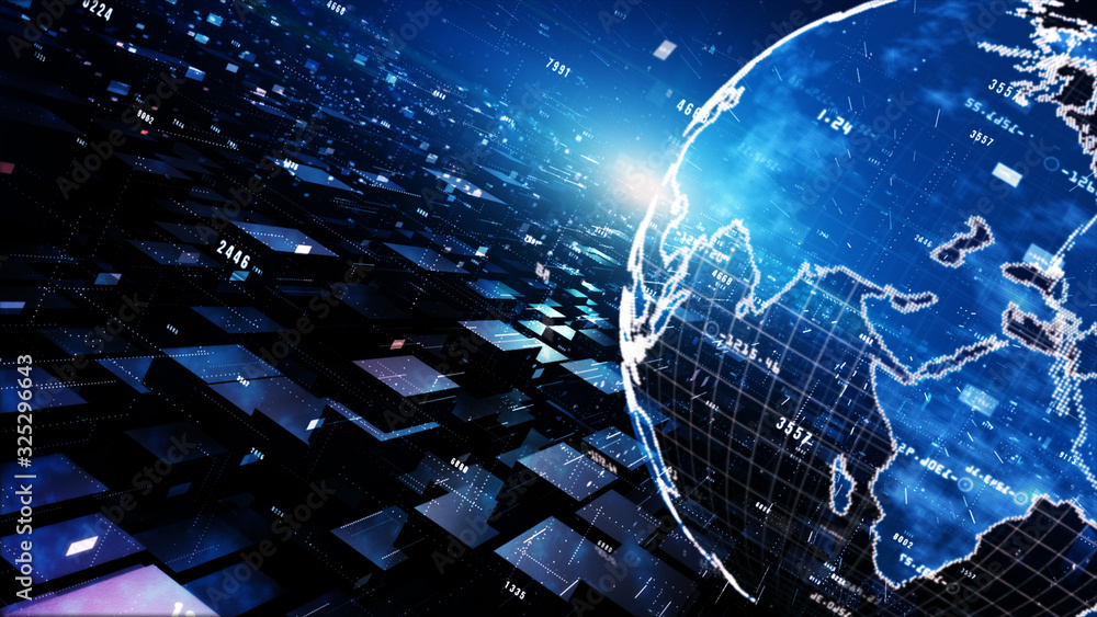 Poster digital cyberspace geometric background with particles, digital data network connections and cyber s