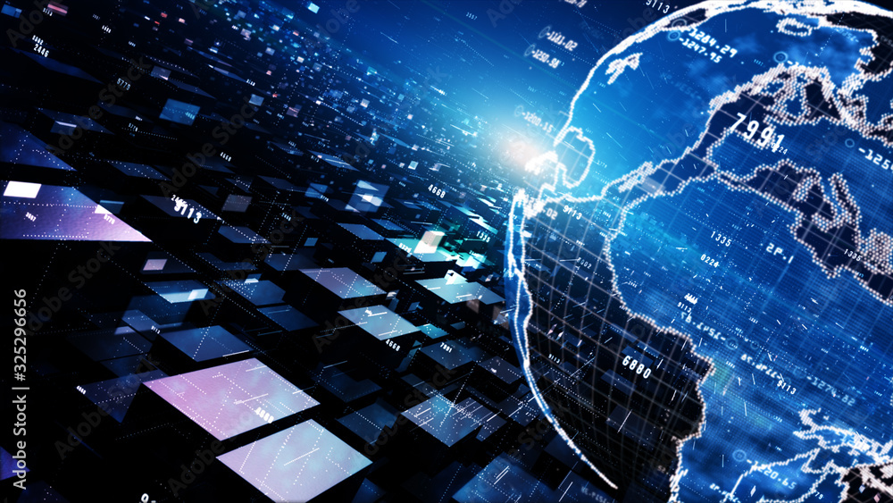 Poster digital cyberspace geometric background with particles, digital data network connections and cyber s