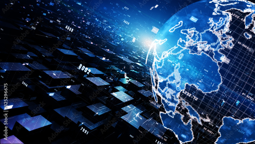 Poster digital cyberspace geometric background with particles, digital data network connections and cyber s