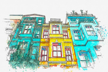 Watercolor sketch of ancient traditional apartment buildings in the Balat district of Istanbul in Turkey.