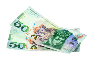 Obraz na płótnie Canvas Fifty lary georgian banknotes isolated on white background