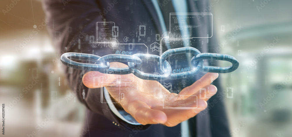 Poster businessman holding a virtual blockcahin with data - 3d rendering