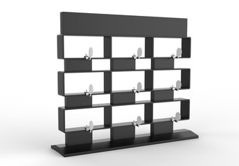 empty shelves with shelf-stopper or Shelf Wobbler on a white background. 3D illustration 