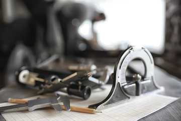 drawing tools, concept engineering project vintage / compass pencil paper education drafting