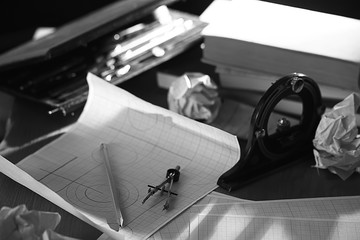 drawing tools, concept engineering project vintage / compass pencil paper education drafting