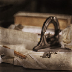 drawing tools, concept engineering project vintage / compass pencil paper education drafting