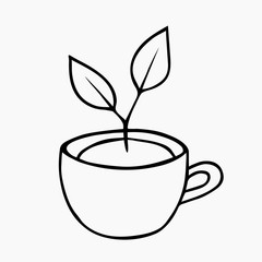 Young  two leaves sprout  in a cup with  ground. The concept of the arrival of spring, awakening, new life. Hand-drawn doodle sketch line art. Stock vector illustration isolated on white background.