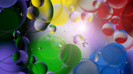 bright oily drops in water with colorful background, close-up