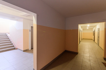 Russia, Moscow- October 19, 2019: interior room apartment public place, porch. doors, walls, corridors