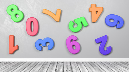 3D Colorful Numbers Against Wall in a Wooden Floor Room