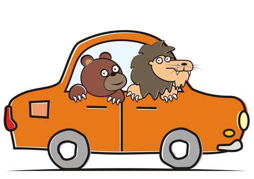 Bear and lion driving car. Funny vector illustration for children.