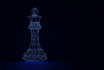 Chess King consists of dots and lines that glow blue on a black scene.  Copy space for add text, low poly style, 3D rendering